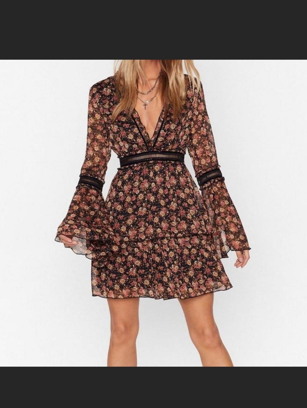 Nasty Gal Black Floral V-Neck Tie-Waist Bell Sleeve Dress